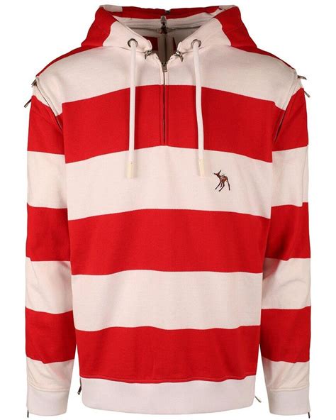 Burberry Men's Red Zip Detail Striped Cotton Hoodie